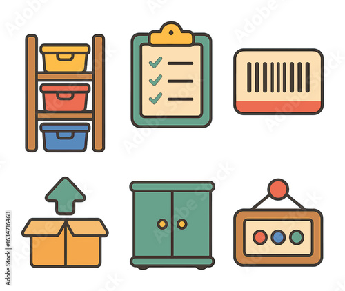 Colorful Inventory Icons. Flat vector mini-illustrations Inventory and product organization in colors children