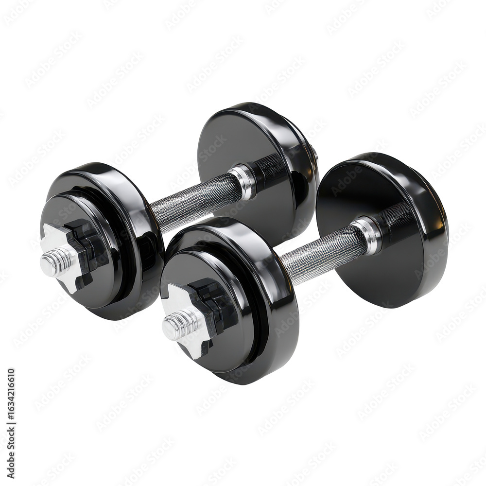 Fototapeta premium Pair of black dumbbells designed for home fitness workouts placed on a flat surface ready for use