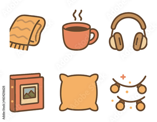 Cozy Vision Board Icons. Flat vector mini-illustrations Creating a cozy vision board corner in colors children