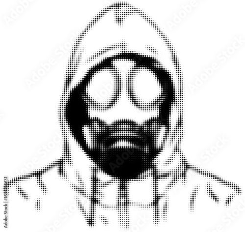 Monochrome illustration of hooded figure wearing a gas mask with a dot pattern