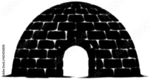 Silhouette of a brick igloo with a textured black and white grid pattern
