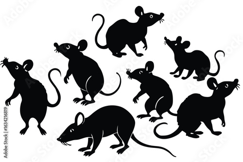 Six Black Mouse Silhouettes: Vector Illustration, Diverse Poses, Simple Style, Pest Control Concept