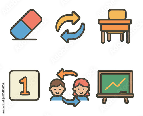 Classroom Icons Grid. Flat vector mini-illustrations Seating chart revisions and updates in colors children's