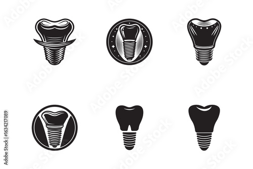 Dental Implants Illustration Set for Dental Care and Restoration in Black and White Clean Oral Health Symbols
