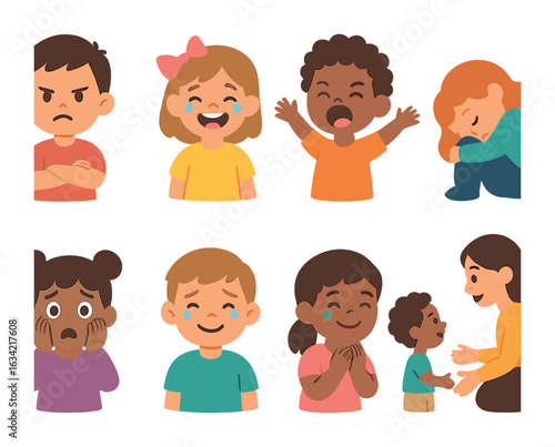 Emotional Children's Illustrations. Flat vector mini-illustrations showing emotions openly in colors