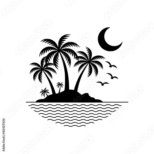 Tropical Paradise Silhouette: A serene and tranquil island oasis silhouette under a twilight sky. Palm trees and gentle waves embody the essence of tropical getaway. 