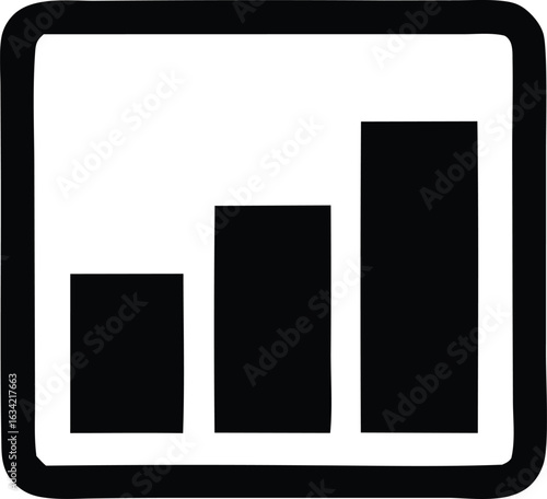 Simple black and white icon representing a bar chart with three ascending bars inside a square border