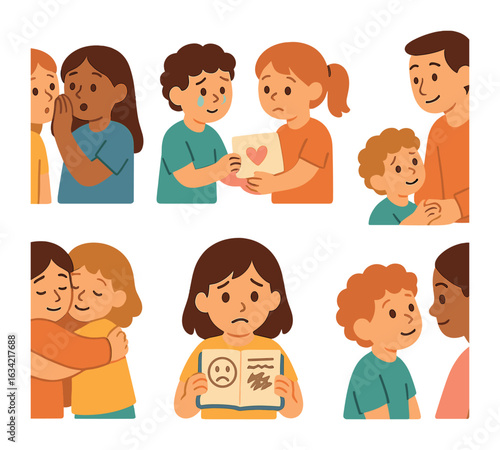 Trust and Emotion Icons. Flat vector mini-illustrations trusting someone with feelings in colors children's