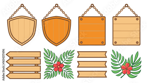 Wooden signboards illustration with shields banners and tropical leaves

