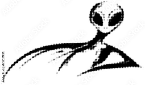 Monochrome halftone art of an alien with large eyes and elongated body