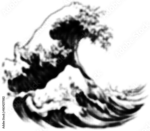 Black and white halftone wave pattern inspired by traditional Japanese art