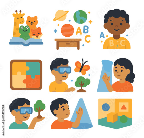 Augmented Reality Adventure. Flat vector mini-illustrations augmented reality for children in colors