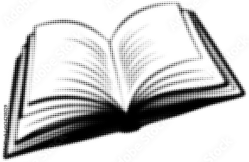 Halftone illustration of an open book with pages spread wide