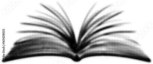 Halftone illustration of an open book with pages fanned out, abstract design