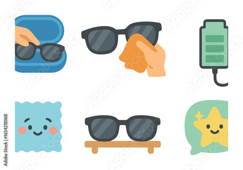 Smart Glasses Care Icons. Flat vector mini-illustrations smart glasses care in colors children's illustrations