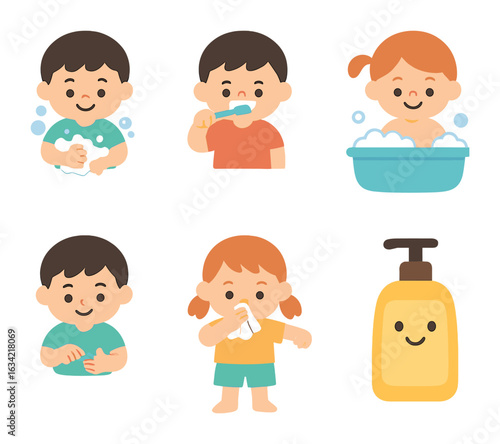Children's Hygiene Icons. Flat vector mini-illustrations practicing hygiene habits in colors children's