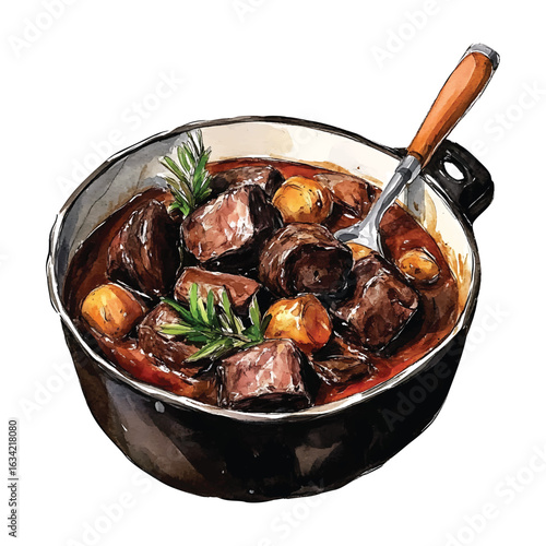 Watercolor beef stew with potatoes and rosemary in a black pot watercolor.vector transparent background cutout