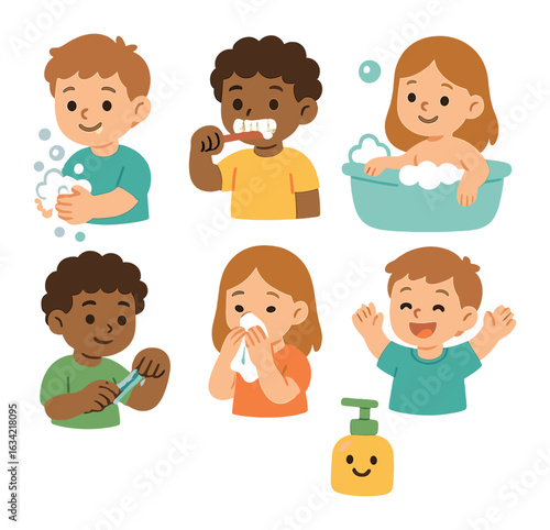 Children's Hygiene Icons. Flat vector mini-illustrations practicing hygiene habits in colors children's