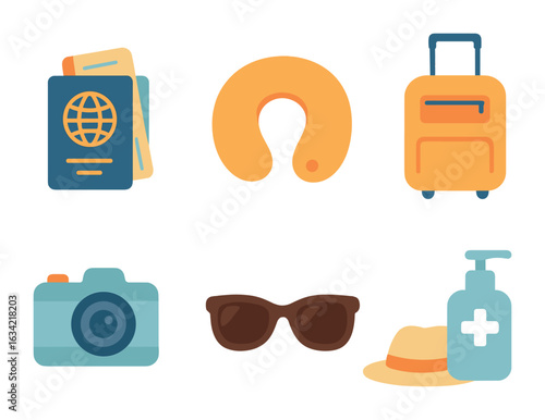 Travel Checklist Icons. Flat vector mini-illustrations travel day checklist in colors children's illustrations