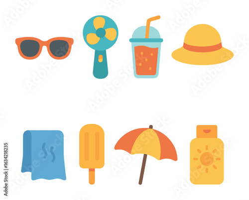 Sunny Day Essentials. Flat vector mini-illustrations staying cool in the sun in colors children's