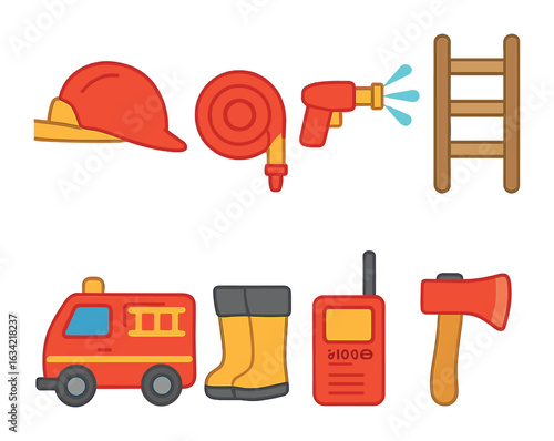 Fire Station Icons. Flat vector mini-illustrations fire station equipment in colors children's illustrations: