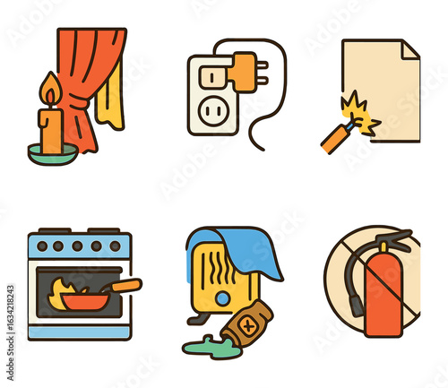 Fire Hazard Icons. Flat vector mini-illustrations recognizing fire hazards in colors children's illustrations: