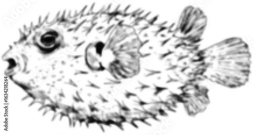 Black and white dotted illustration of a spiky pufferfish, vintage art design