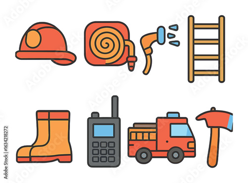 Fire Station Icons. Flat vector mini-illustrations fire station equipment in colors children's illustrations:
