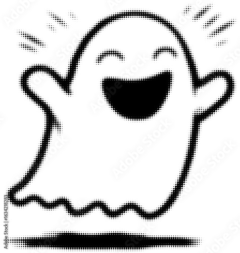 Cheerful cartoon ghost waving happily in playful monochrome illustration