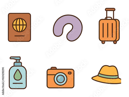 Travel Checklist Icons. Flat vector mini-illustrations travel day checklist in colors children's illustrations