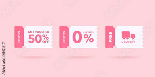 Set of Discount coupon gift voucher 50percentage, coupon zero percentage, coupon free delivery online purchases. Tag label, banner with Percentage isolated. 3d rendering.	