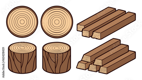 Wood logs and planks illustration showing cut timber and lumber pieces
