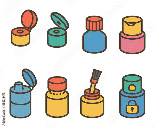 Colorful Bottle Cap Icons. Flat vector mini-illustrations bottle cap mechanisms in colors children's