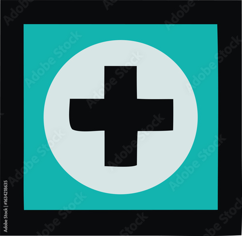 Simple black cross symbol centered within a white circle on a teal square background with dark borders