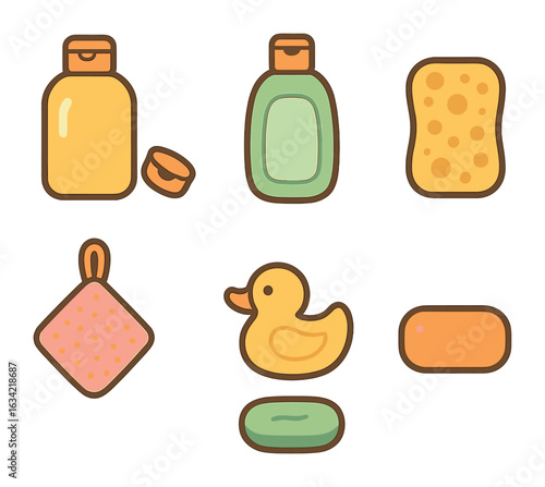 Children's Bath Essentials. Flat vector mini-illustrations bath shelf setup in colors children's illustrations