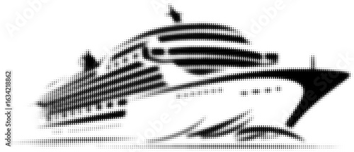 Black and white halftone illustration of a cruise ship sailing forward