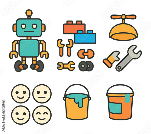 Customizable Robot Toy Set. Flat vector mini-illustrations build your own toy set in colors children's