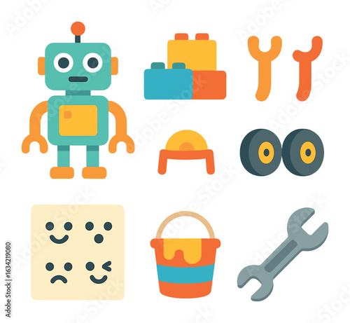 Customizable Robot Toy Set. Flat vector mini-illustrations build your own toy set in colors children's