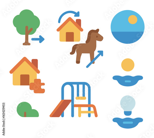 Interactive Scene Builder. Flat vector mini-illustrations interactive 3D scene builder in colors children's