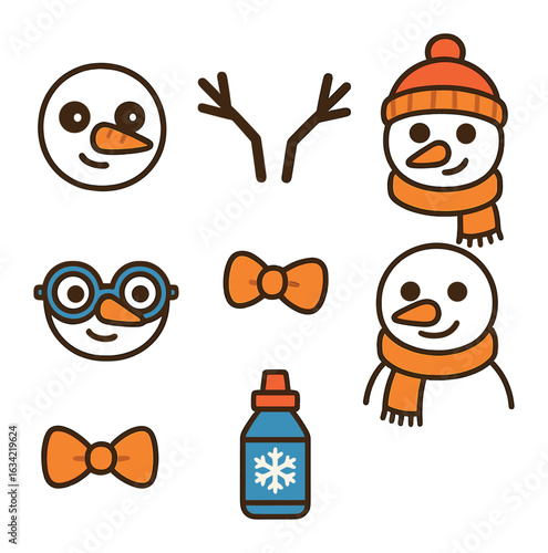 Whimsical Snowman Icons. Flat vector mini-illustrations decorating snowmen in colors children's illustrations: