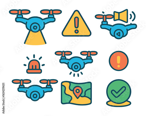 Security Drone Icons. Flat vector mini-illustrations security drone features in colors children's