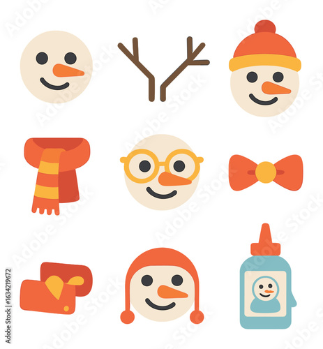 Whimsical Snowman Icons. Flat vector mini-illustrations decorating snowmen in colors children's illustrations: