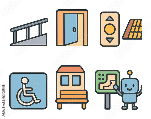 Accessible Architecture Icons. Flat vector mini-illustrations accessibility in architecture in colors children