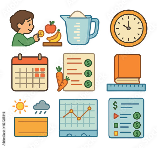 Math in Everyday Life. Flat vector mini-illustrations applying math to real life in colors children's
