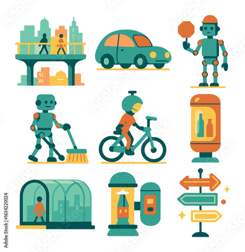 Retro-Futuristic City Icons. Flat vector mini-illustrations retro-futuristic city life in colors children's