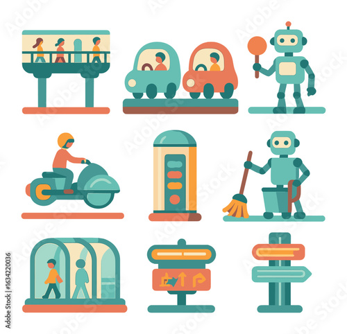 Retro-Futuristic City Icons. Flat vector mini-illustrations retro-futuristic city life in colors children's
