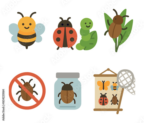 Insect Identification Icons. Flat vector mini-illustrations identifying good and bad insects in colors