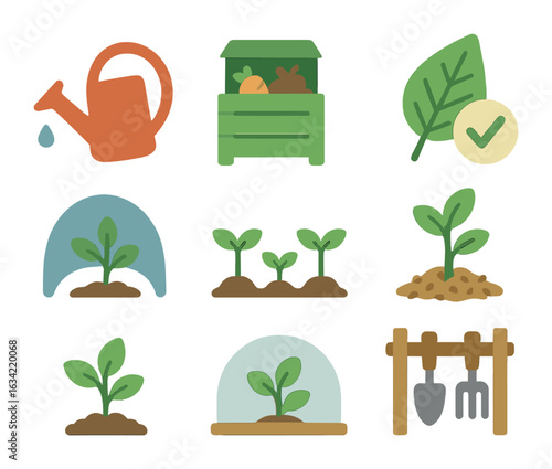 Garden Care Icons. Flat vector mini-illustrations garden health and prevention in colors children's