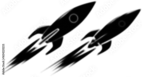 Silhouette of two rockets racing upward in dotted black and white style