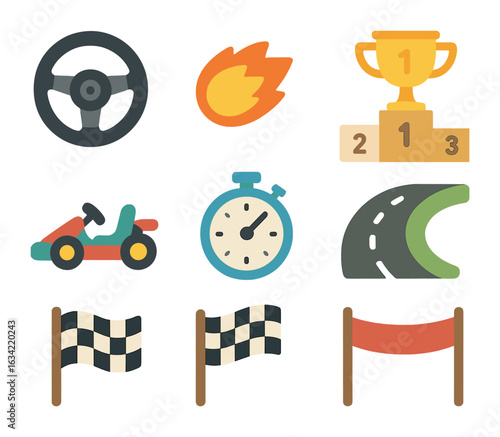 Colorful Kart Showdown. Flat vector mini-illustrations racing game showdowns in colors children's